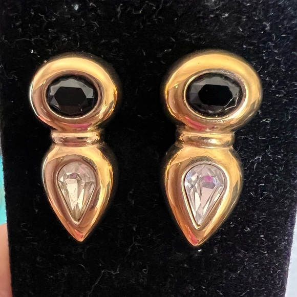 Vintage Swarovski Crystal SAL Gold Plated Earrings Black & Clear Crystals EUC - Picture 10 of 11